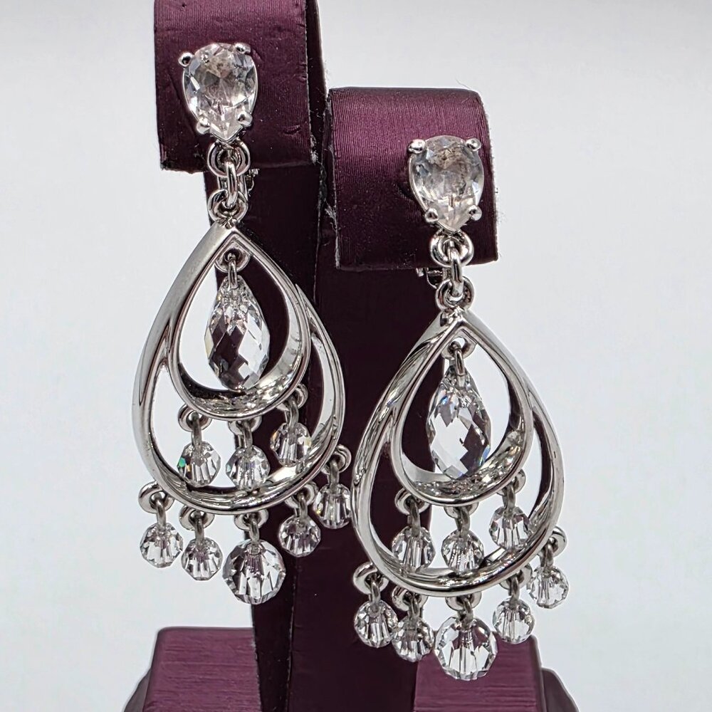 Genuine Swarovski Brand Rhodium Plated Crystal Chandelier Dangle Clip Earrings